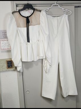 Women’s Ivory Two-Piece Pant Set with Sheer Mesh Yoke and Black Trim